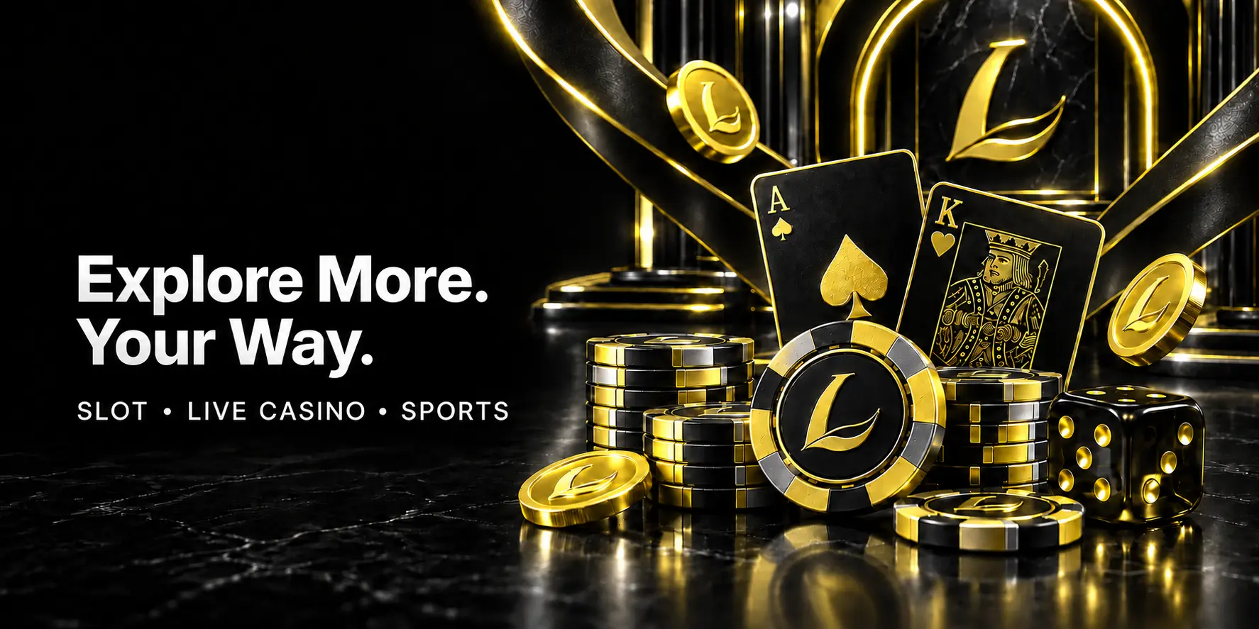 Explore More. Your Way. Slots, live casino and sports, with black, gold and silver gaming artwork.